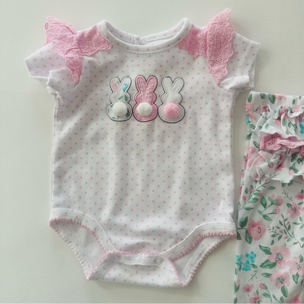Baby Essentials 3 Months Girl Easter Bunny Tail Floral Bodysuit Pant Set Outfit - Picture 3 of 6